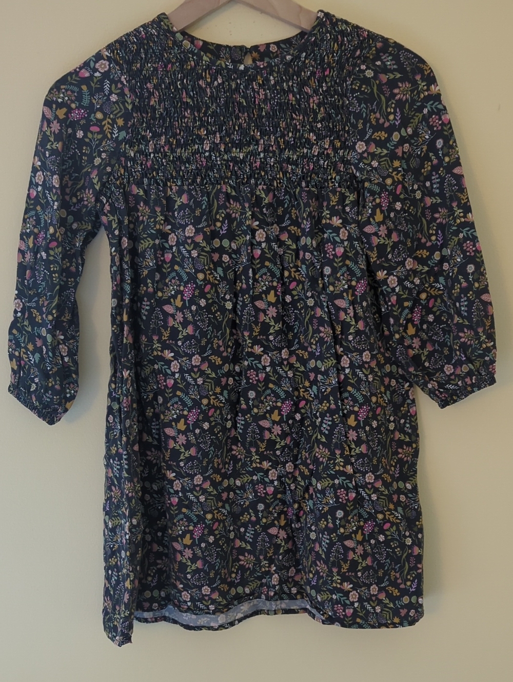 Barbour Navy Floral Smocked Tunic Dress with Pink and Green Accents